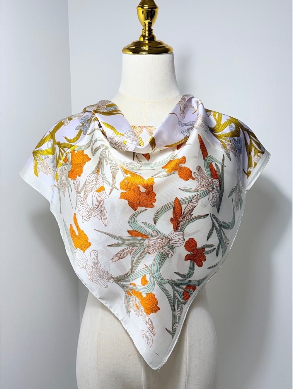 Elegant Satin Polyester Floral Scarf in Orange, Yellow, and Green – 68cm x 68cm